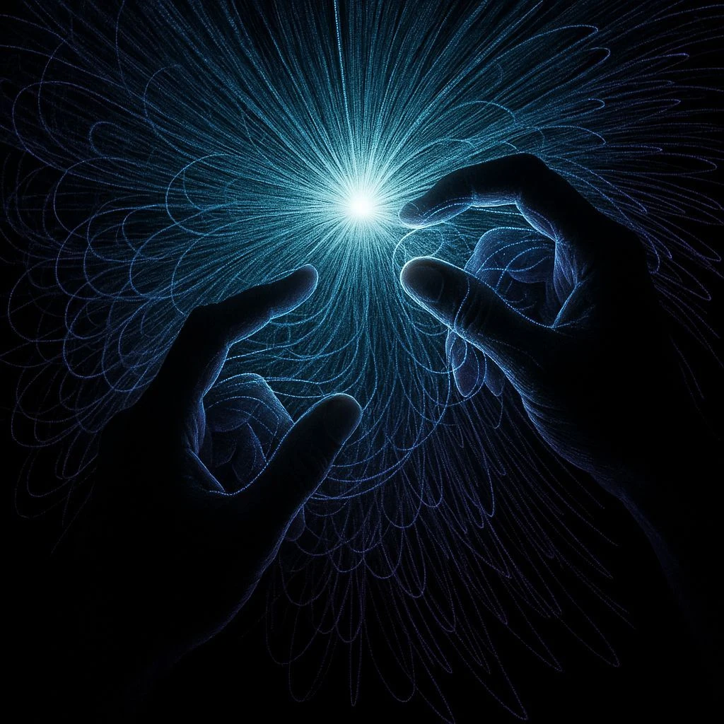 Two hands framing a glowing blue particle constellation