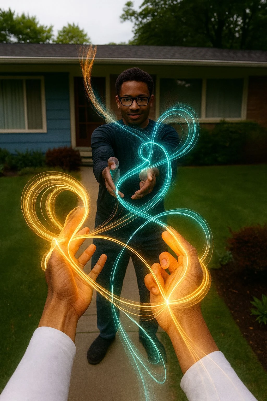 Concept of two people creating colorful light trails together outdoors